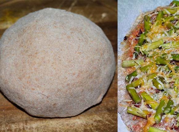 masa de pizza de espelta y pizza ya cocinada